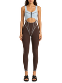 Model wearing The Manor Sky Blue & Chocolate luxury women's jumpsuit by AP Collection