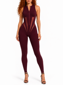 Model wearing the Delani Burgundy luxury women's jumpsuit by AP Collection