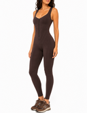 Model wearing the Firenze Espresso Chocolate luxury women's jumpsuit by AP Collection